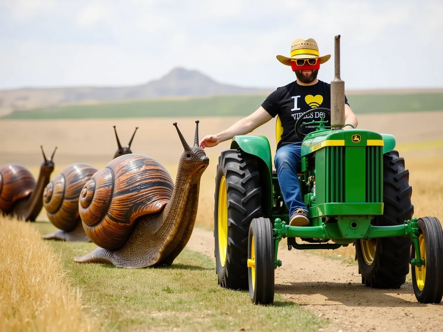 Create a surreal scene of a man riding a green John Deere tractor through a rural landscape, chased by a swarm of enormous, realistic-looking snails. The man appears determined, gripping the steering wheel firmly, while looking back at the slow yet ominous pursuit of snails. The tractor is detailed with signature John Deere branding, and the snails are exaggeratedly large, with textured shells and glistening trails left behind. The landscape is a mix of open fields and distant rolling hills under a slightly cloudy sky, giving a whimsical yet intense atmosphere to the scene