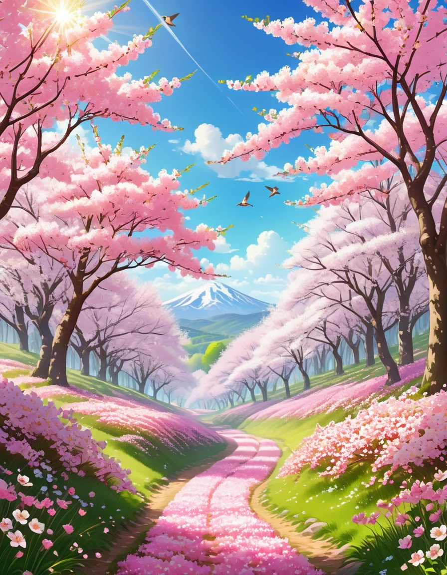  The fabulous landscape of the Cherry Forest on a spring day ,  where tall cherry trees are covered with bright pink and white flowers.  The petals slowly fall on the soft grass ,  forming a gentle pink carpet under your feet .  x} Golden rays of sunshine break through the thick foliage , illuminating the forest with soft , with the warm light .  A small transparent stream meanders between trees ,  reflecting flowers and the blue sky . hills are visible in the distance,  covered with flowering trees ,  adding a sense of infinity and peace .  Birds flutter among the branches ,  complementing the atmosphere of calm and magic ."