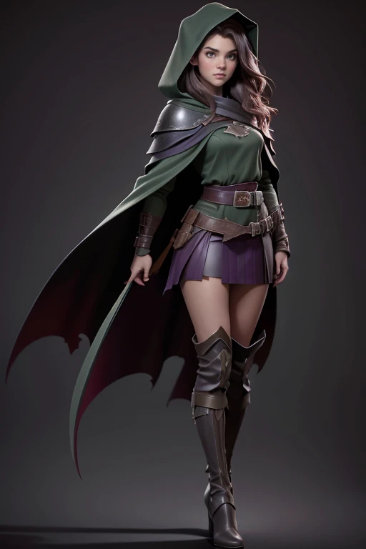 one girl, solo, full body, medieval, dark green cloak, dark green hood, dark brown high boots, shiny blured grey background, gradient sprayed background, front view, gradient red purple background, blured background, glowing edges of image, masterpiece, highly detailed, look at viewer, belts, shoulder-belts.