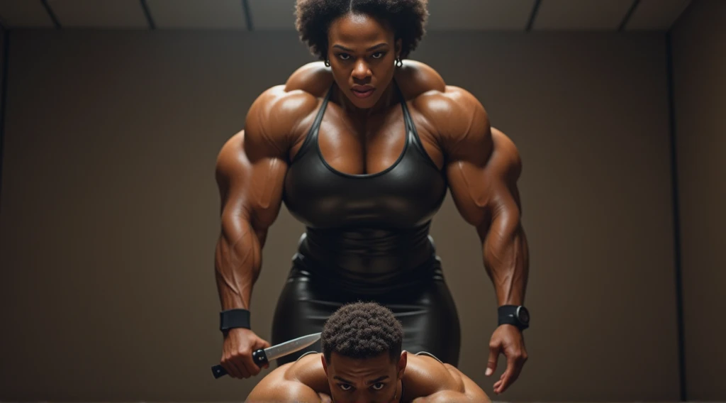 A 55-year-old African woman stands authoritatively, dominating a slender man who is kneeling in front of her. The camera is positioned at a low angle, looking up to emphasize her power. She has a determined expression on her face, showing that she is in total control of the situation.

Her skin is a dark and shiny tone, with facial features that convey strength and wisdom. Her hair is short and curly, and she wears a fitted black leather top that accentuates her musculature, paired with a short skirt that reveals her strong, toned legs. In her right hand, she firmly holds a knife, pointing it toward the ground near the man's head, adding palpable tension to the scene.

The man, with his head down and a fearful expression on his face, appears visibly intimidated. She is slightly leaning forward, with the knife resting close to him, while maintaining a dominant and confident stance. The camera angle highlights the tension in the scene, making it clear who is in control in this threatening dynamic.