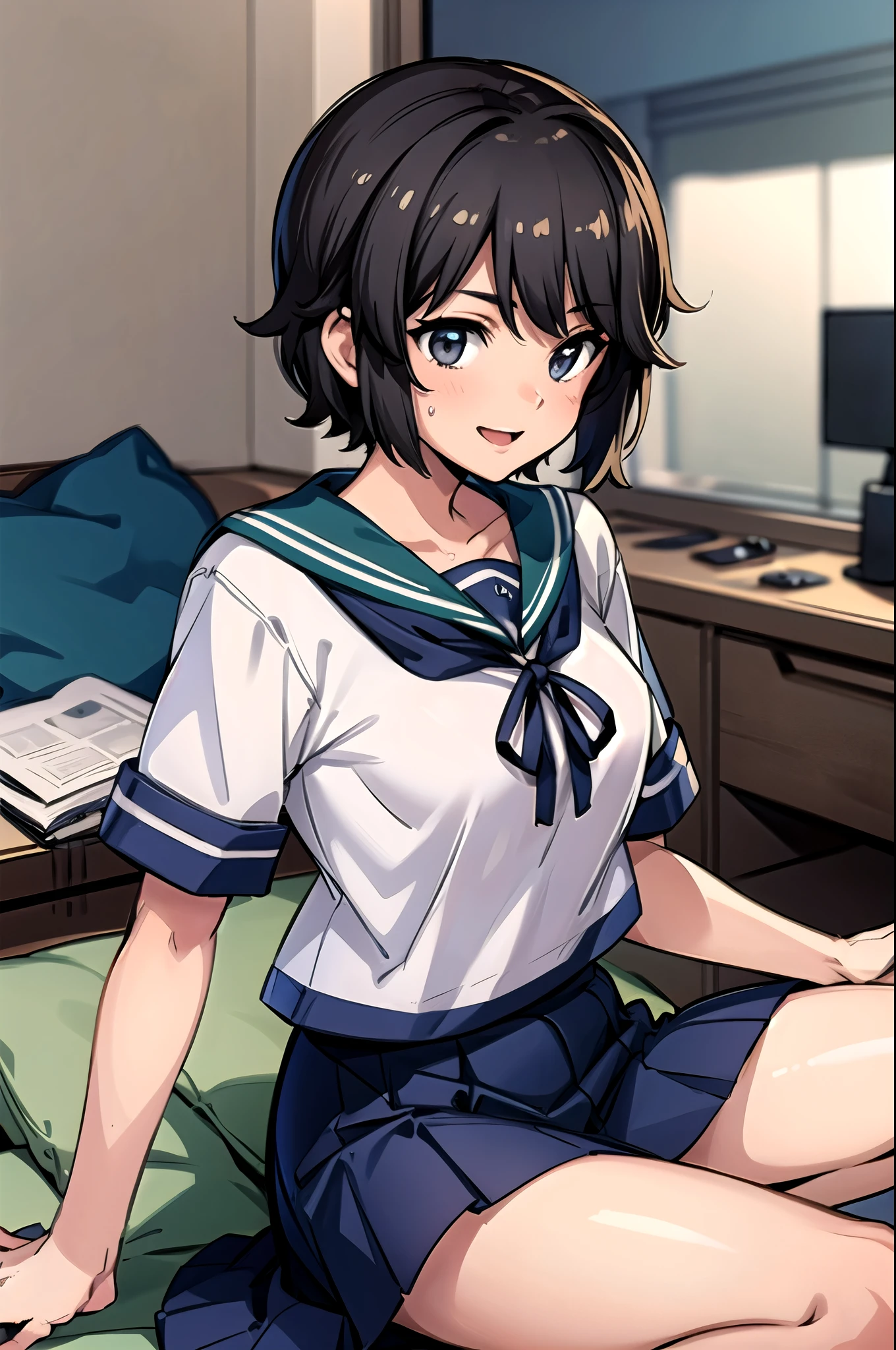 Miyuki KC ,  (masterpiece, Best Quality:1.2), Best Quality,  very detailed, masterpiece, 8k, high definition, one girl playing pranks,Alone, ( office,  living room ,  bedroom), White Sailor Suit, Short sleeve, smile, School_uniform,Pleats_skirt, 紺Pleatsskirt, (  close-up shot ), Slender body, Slender body, Petite,  short hair,,(( panties), (Bra), ( Innerwear), ( fancy underwear), ( lingerie)))