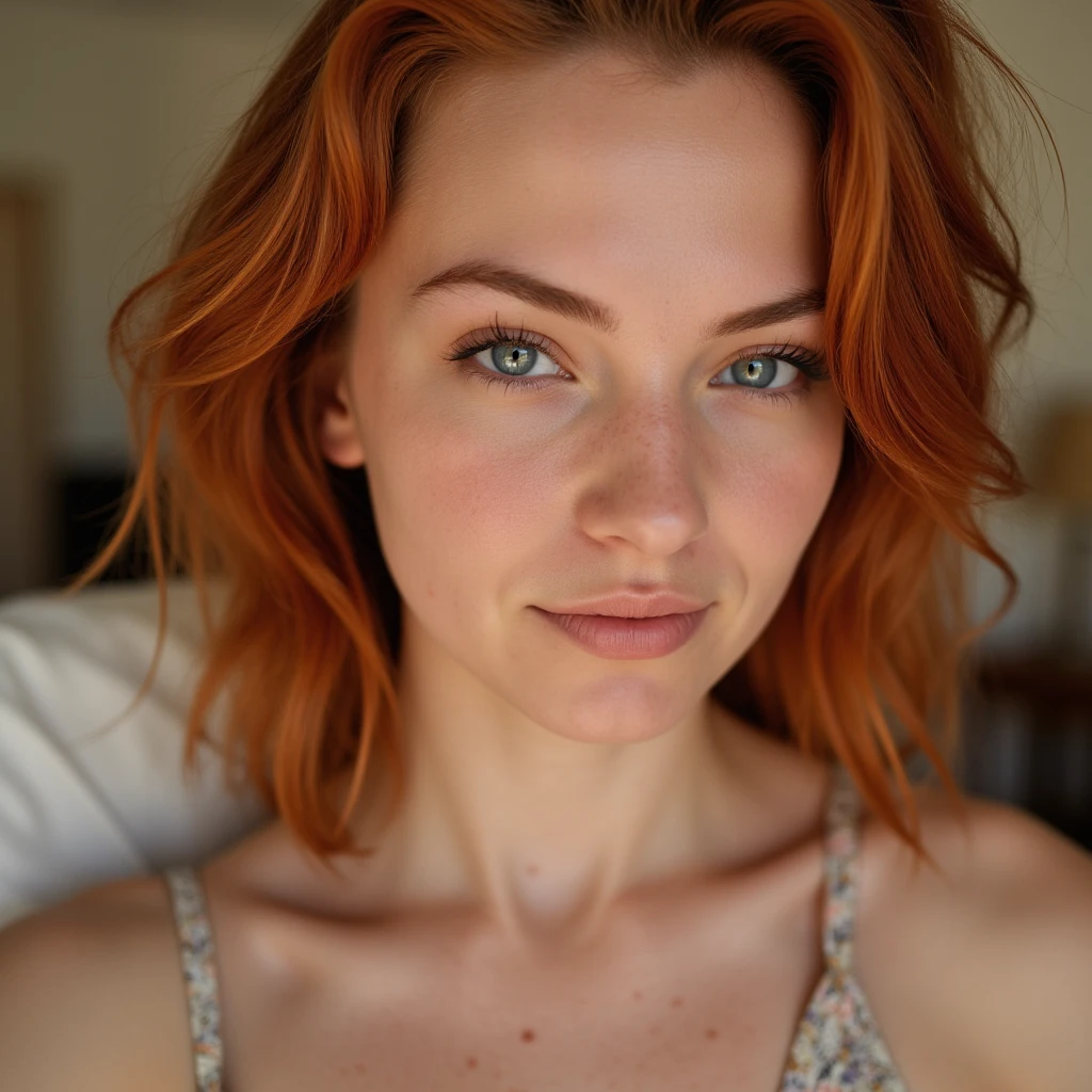A 60-year-old mom with long, wavy red hair, freckles, a large chest, a face with fine features and texture, wrinkles typical of a 60-year-old woman, and a very realistic face, blue eyes.undefined, undefined, undefined, undefined,