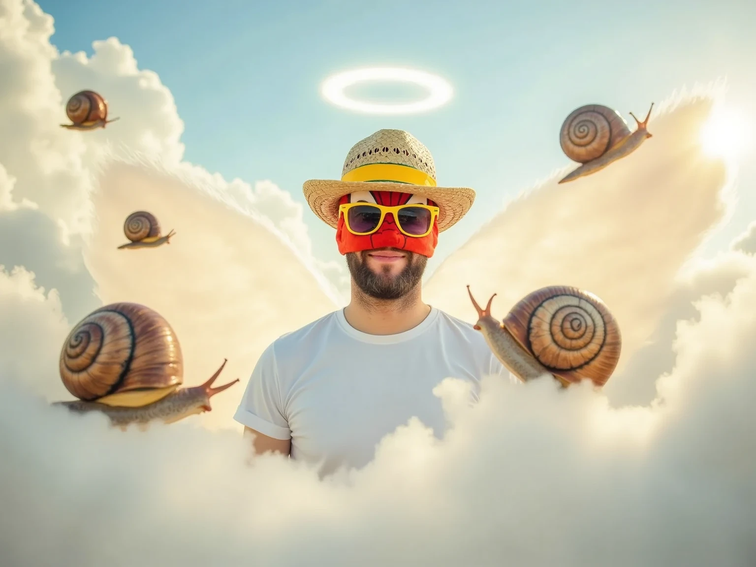 Create a hyper-realistic image of a man appearing as an angel, floating among soft, glowing clouds in a serene sky. He has gentle, ethereal features and wears a subtle halo above his head, with light surrounding him. He’s surrounded by large, detailed snails that hover around him as if they, too, are weightless. The snails have intricately textured shells, each glistening as they reflect the soft sunlight streaming through the clouds. The scene has a mystical, calm feel, blending the surreal elements of the snails with the peaceful presence of the angelic figure in the clouds