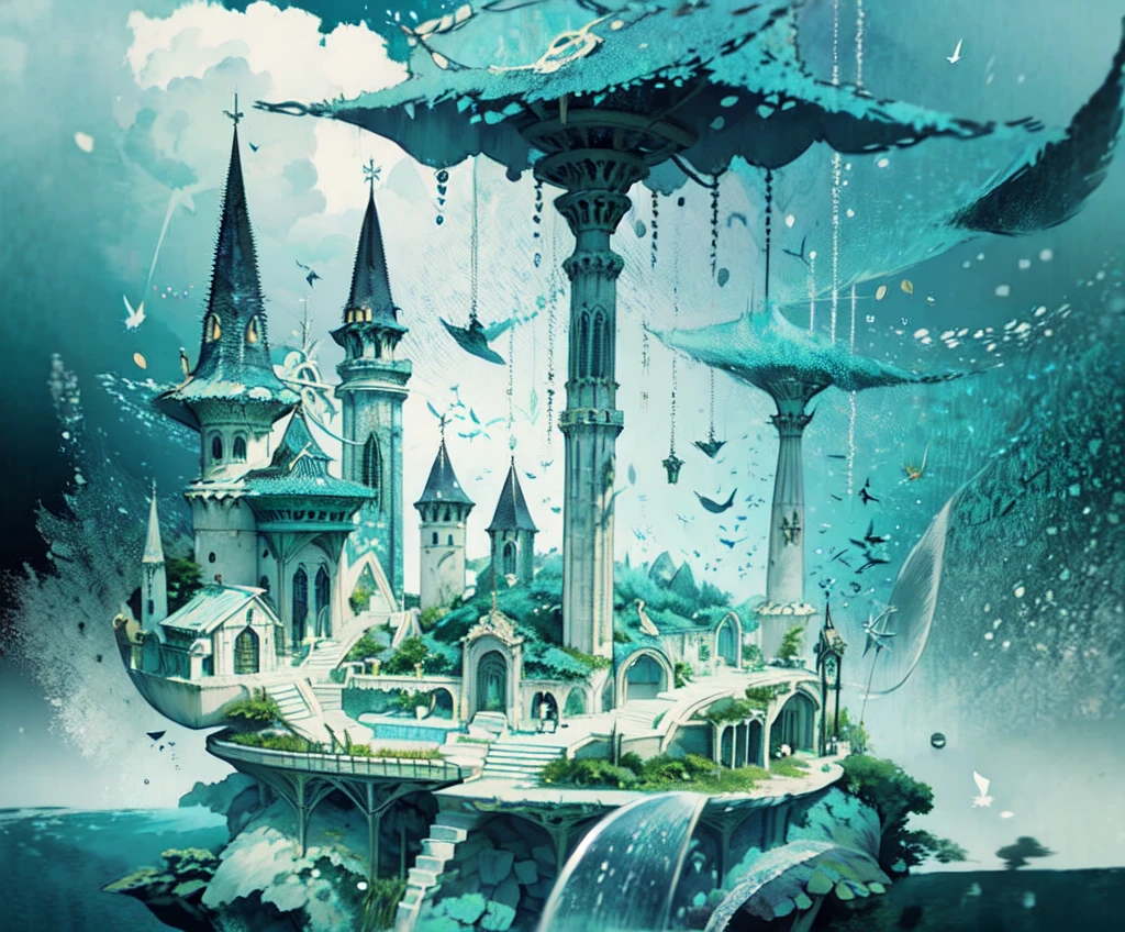 Masterpiece, High Quality, Ocean Forest, City, Fantastic Fantasy, Glowing Plants, Coral Viaduct, (Swarm of Glowing Jellyfish), (Shoal of Fish with Transparent Wings Flying in the Sky), Misty, Extreme Detail, Morning Light, Epic Composition, (Intricate Detail), (Intricate Design, Ultra Detail: 1.2), Art Station, (Masterpiece, Best Quality), Ultra HD, 32k ,castle,1girl --v 6