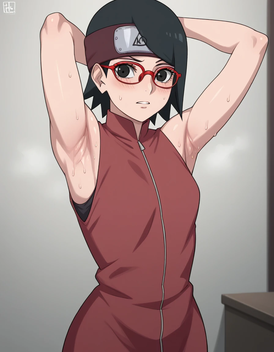 sarada uchiha, short hair, black hair, black eyes, red-framed eyewear, glasses, swept bangs,,(Armpit，Armpit，Armpit sweat，脇の皺:1.3),room， bedroom，(steam，steamimg:1.1)， red dress