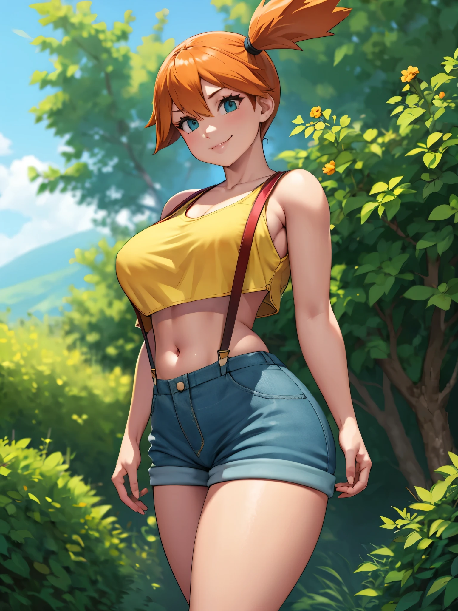 Perfect CG unity 8K UHD wallpaper, Perfect CG unity 8K UHD wallpaper, 1girl, misty (pokemon), orange hair, solo, shorts, red suspenders, side ponytail, orange hair, midriff, yellow crop top, navel, short hair, denim, denim shorts, cowboy shot, looking at viewer, large breasts, collarbone, outdoors, smile, standing