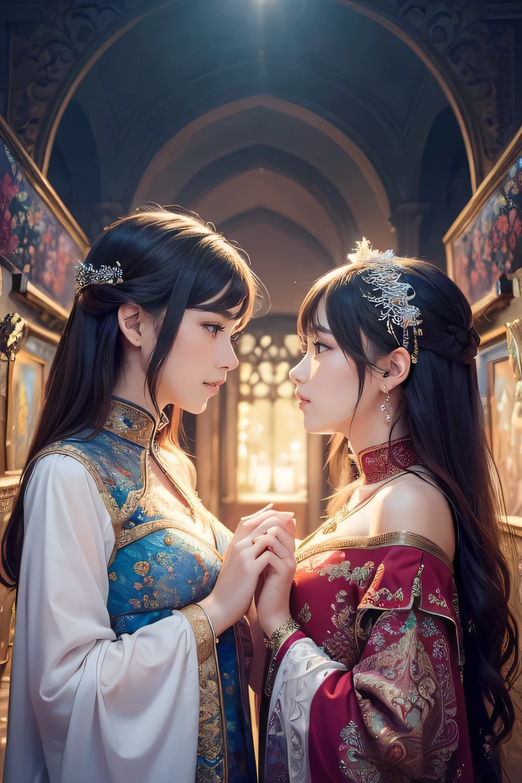 (masterpiece, Best Quality, Best Quality, Official Art, beautifulăMidea:1.2), ( two girls), very detailed,( Fractal Art :1.3),colorful, most detailed, upper body, Two women are whispering to each other'ear, Looks fun, LOL,