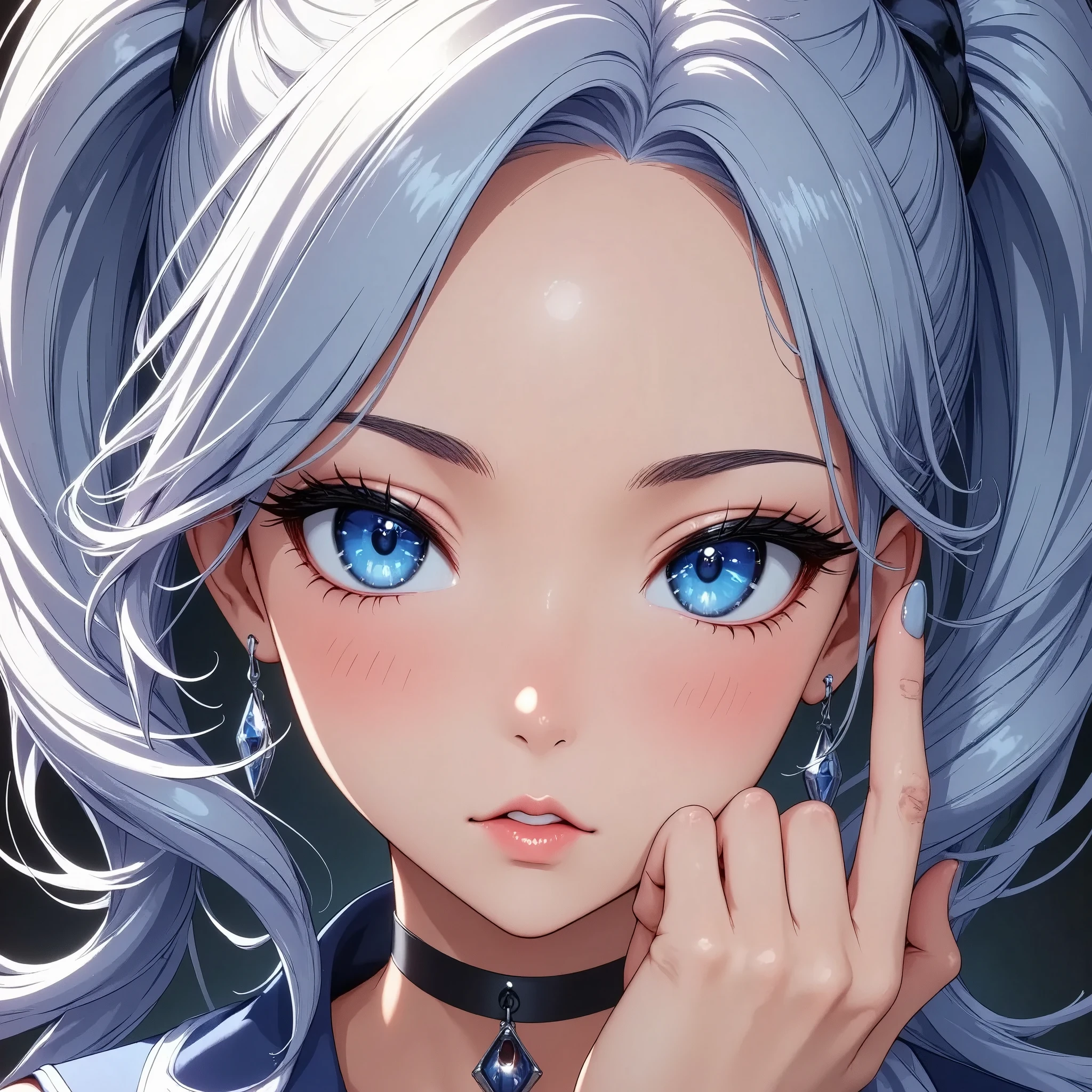 Beautiful woman,  1 girl,  Face Closeup , Attractive body, JK, ((( light blue hair:1.2,  long twin tail ))),  sailor suit, (( hand sign next to face, V sign on the side of the face:1.6)),  very detailed face , Lip details,  beautiful eyes, double eyelid, Best Quality, 4K, masterpiece.