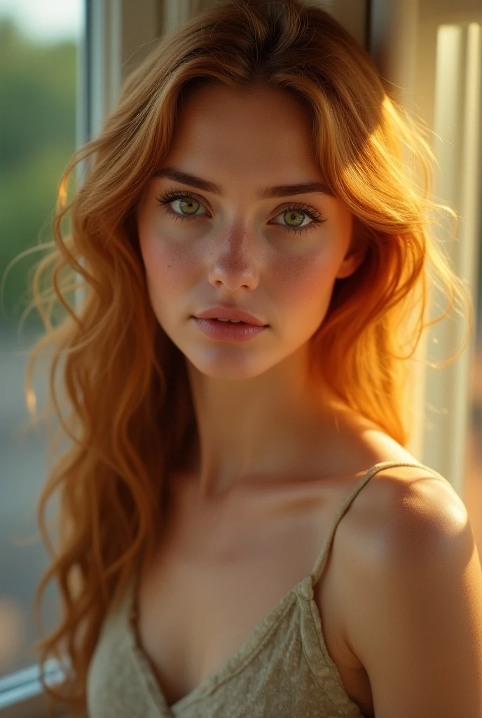 Give me a picture of a 20 year old woman with wavy copper colored hair with blonde highlights.,big green eyes,slanted eyes ,medium lips, long eyelashes , Curved waist, big breasts and long legs,in running clothes lying in a park , Thin, slender fingers long enough to reach the knee , few freckles,medium thighs, The photo must be generated with high realism., with white lighting with a professional Sonyalfa77 DSLR camera INFO