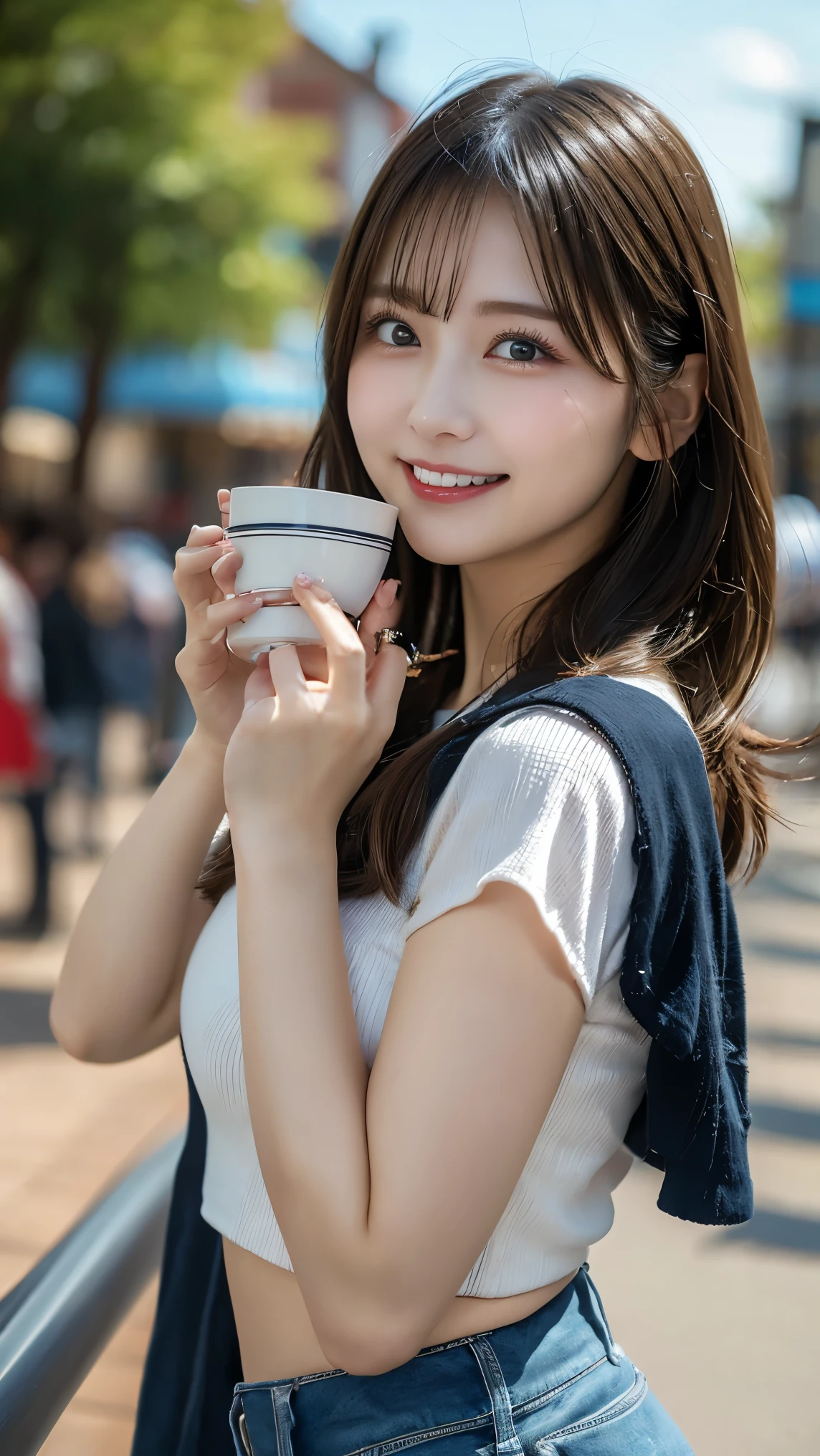 (8k, RAW Photos, highest quality、masterpiece:1.2), (Realistic、Realistic:1.37), Very detailed, High resolution, 1 girl, Laughter, View your audience, Beautifully detailed face、(Have a coffee:1.3),beautifully detailed skin、Skin Texture、Floating Hair、Professional Lighting、outside、

