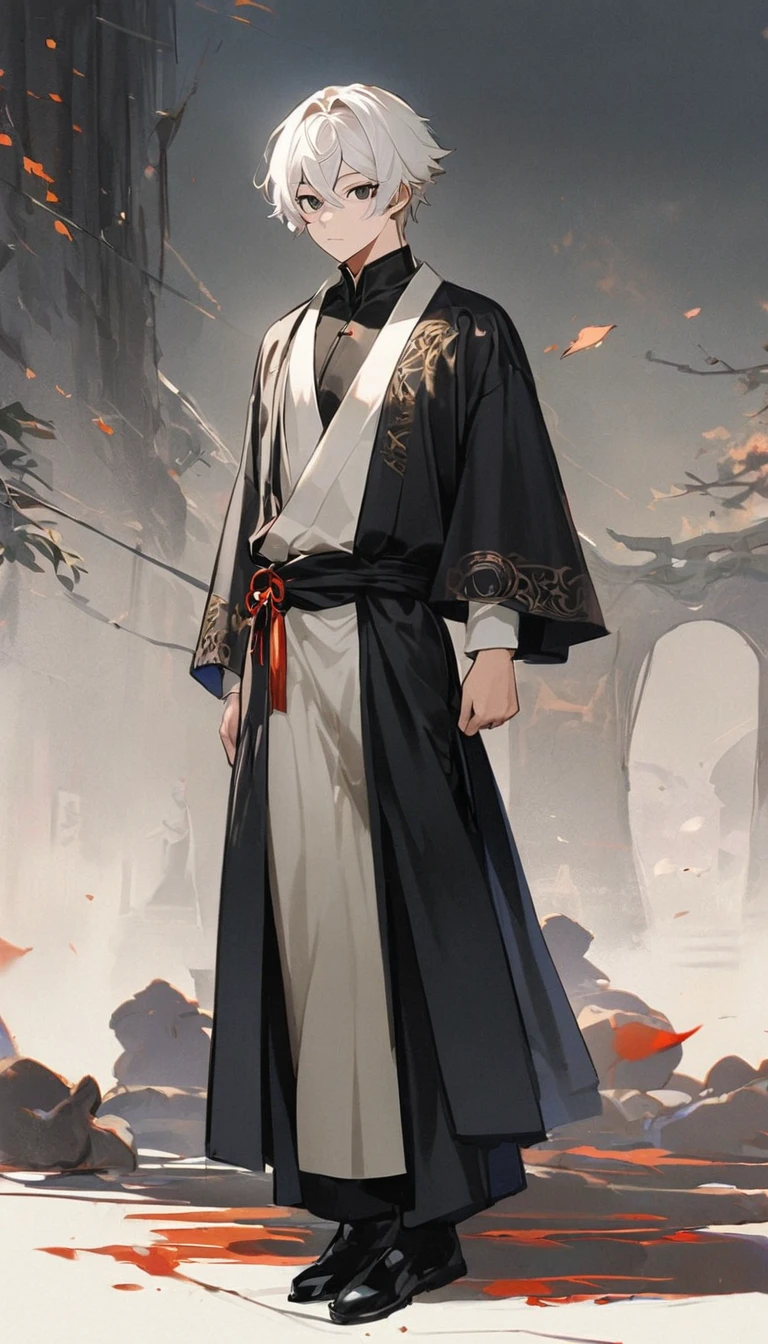 1 person, boy, High school student, Handsome,  Stunning Face ,  slim figure, Young man,  crossed bangs ,  white hair , Black eye, Looking to the side,  from head to toe , ((whole body)), The right ratio(7.5), standing,  Chinese martial arts movie costume, Escort, war 