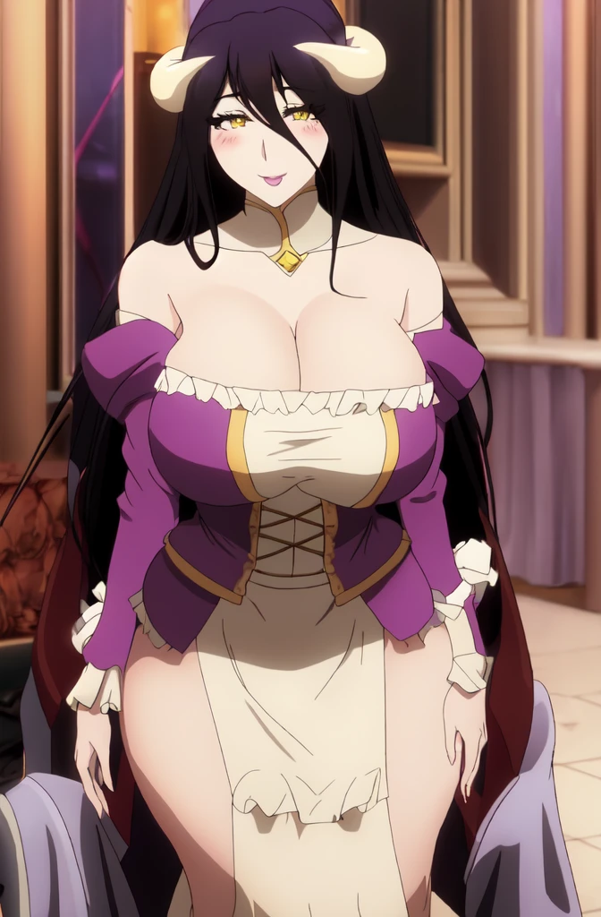 Albedo,Overlord,Big breast,busty and sultry,Cleavage,corset dress,Enchanced big breast,eyeshadow,Purple lipstic,Curvy figure,Jewel earring,thin long sleeve Purple dress,((golden colored eyes)),((cat eye)),jewel necklace,long nail,Diamond wedding ring,light blush,Detailed accesories,Smile,Gold colored hair,Strapless,Thin eyebrow,Shoulder cloth,Slicked bang hair