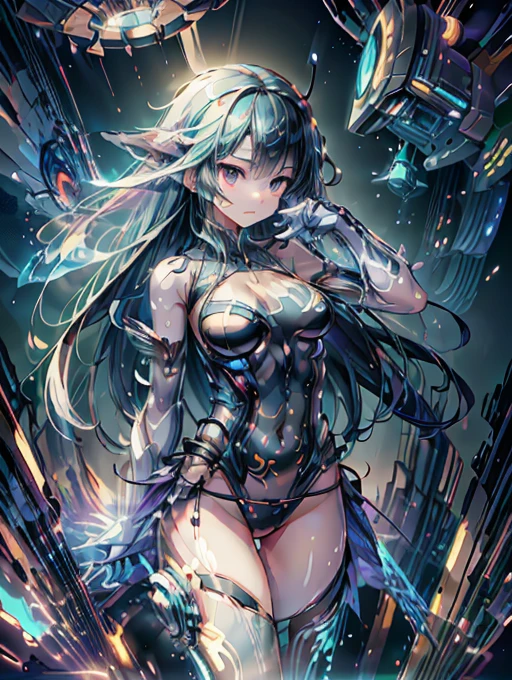  (future cityscape:1.5), (NSFW, topless bare small middle boobies, uncensored bare pussy:1.5), (Face of love, I&#39;m so happy:1.5), (cyborg girl:1.5), low teen, stylish angle, stylish pose, (headphone, mechanical fuselage, mechanical clothing), looking at the viewer, bangs cut off, (blue mini skirt:1.2), plastic corset, Beautiful light effect, glowing skin, (removable long sleeves, very wide sleeve:1.5), (caution decal, corporate logotype:1.2), (small open mouth:0.8), 
