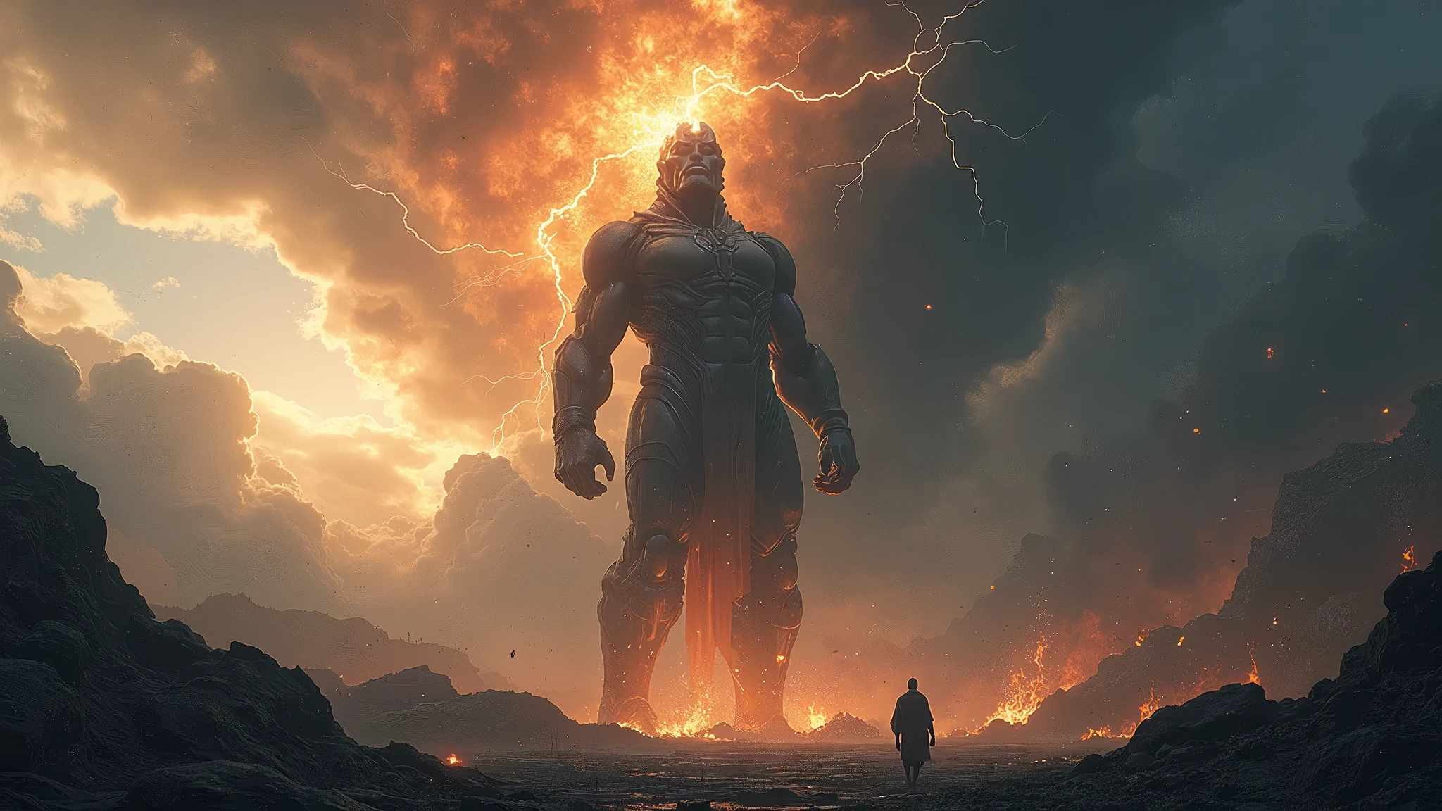 giant,
The image depicts a surreal scene where a massive,looming figure resembling a colossal human or deity stands in the center. This figure is surrounded by a cloudy,smoky atmosphere,and debris is scattered around,suggesting destruction or a recent event. To the right of the image,a silhouette of a person stands,looking up at the colossal figure,possibly in awe or contemplation. The overall mood of the image is somber and mysterious.,