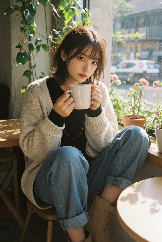 ((Sakai Sensui)), ((1950s-levis vintage jeansを穿く)), ((Old Nordic cafe)), ((I'm wearing a large knit )), ((Holding mugs in both hands)), (( DRINK COFFEE )), (masterpiece), ((Horizontal droopy eyes)), ((Beautiful thighs)), ((Beautiful hipline)), ((Beautiful belly button)), 超 high definition, ((sand suede engineer boots))、(( tousled medium hair))、((Face after waking up)), cute、 small breasts、21 years old、1people、 very beautiful Japanese idol 、Best Quality、Genuine、 high definition,  soft light, Beautiful and sophisticated nose,  beautiful eyes,  Movie Lighting, ( Upscaled Images :1.3)、Slender body、 small breasts、Lots of houseplants、Early morning sunlight filtering through the trees、 DRINK COFFEE 、masterpiece、Best Quality、超 high definition、超 high definition, １people、日本people女性、美しい日本people女性、 super detailed faces on a mountain road at night,、 seductive smile 、 cute、 white skin、Fair skinの美しい肌、 Teal Eyelids、Beautiful symmetrical face、Small face、Beautiful small breasts、Genuineのpeople間の皮膚、whole body写真、詳細かつリアルなpeople体、Detailed and realistic skin、Highly detailed realistic face、Detailed and realistic eyes、Detailed and realistic lips、Detailed and realistic teeth、Detailed and realistic ears、Detailed and realistic hair、 beautiful hands、Highly detailed realistic legs、Realistic breasts down to the last detail、Realistic areola down to the last detail、Realistic nipples down to the last detail、Realistic female genitalia down to the smallest detail、Realistic vagina down to the last detail、Detailed and realistic clitoris、Realistic anus down to the last detail、細部までリアルなThick pubic hair、whole body、whole body白肌、Fair skin、Check and fix the skeleton、Pubic hair is thick、Thick pubic hair、 Completely naked、urination、 feel good expression 、Blushing cheeks and an ecstatic expression, Leaking urine、 anus on a leather sofa, Scandinavian-style cafe、Scandinavian interior、Wooden table, Concrete wall、Vintage furniture、Vintage feel