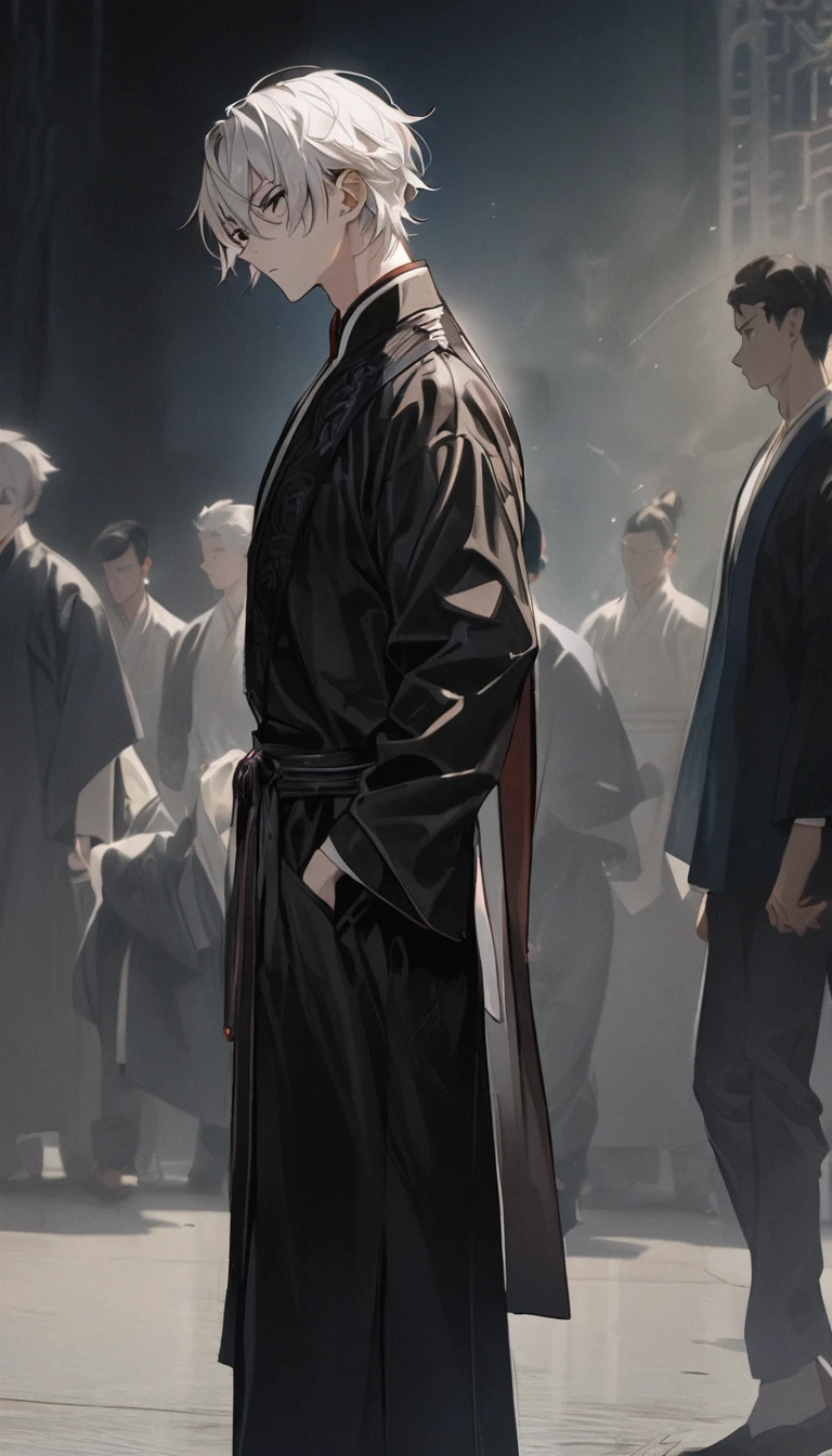 1 person, boy, , Handsome,  Stunning Face ,  slim figure, Young man,  crossed bangs ,  white hair , Black eye, Looking to the side,  from head to toe , ((whole body)), The right ratio(7.5), standing, Chinese martial arts movie costume, Escort, A wary expression,  dark atmosphere  