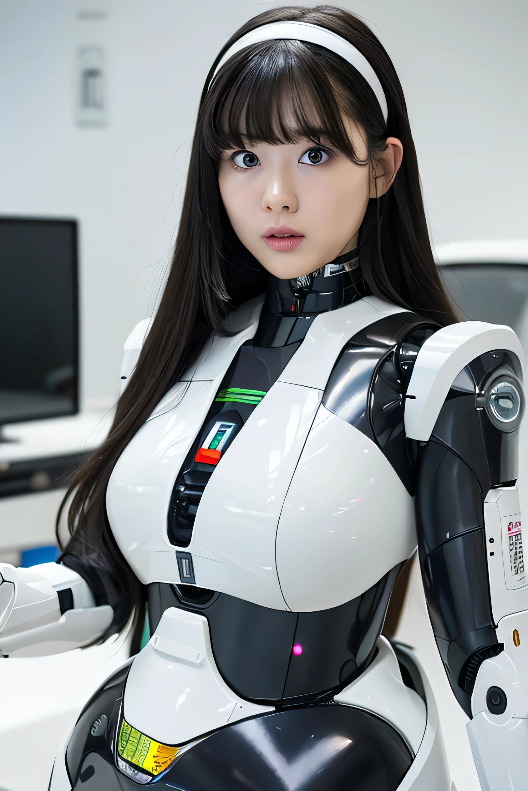 masterpiece, best quality, extremely detailed, portrait,Japaese android girl,Plump,a bit chubby,control panels,android,Droid,Mechanical Hand, ,Robot arms and legs, Black hair,Mechanical body,Blunt bangs,White Robotics Parts,perfect robot woman,Charging spot,Long Tube,A thick cable was connected to her neck,perfect mechanical body,white robotics body,future assembly plant,white body,She has repaired,black sponge joints,android assembly plant,android,laboratory,perfect machine body,white robot body,blue eyes