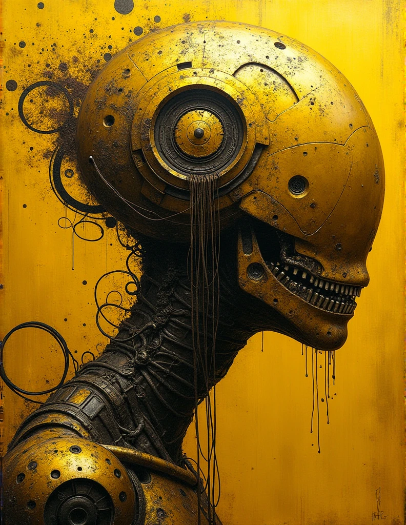 "A minimalist profile illustration of a steampunk-inspired mechanical head, in the style of Olly Moss. The head is a complex assembly of gears, pipes, and brass plates, with no resemblance to a human skull. Intricate cogs, bolts, and rivets are visible, and steam vents subtly from openings. Thick cables and wires extend from the back, holding the head aloft in an industrial, almost surreal manner. The design features a rich, metallic color palette with bronze and copper tones, contrasted by deep shadows. The use of negative space highlights the intricate mechanical details, creating a striking, modern, and slightly eerie steampunk atmosphere."