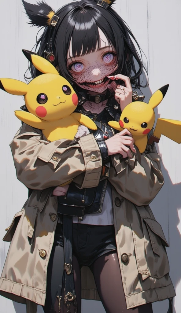  A beautiful Japanese ****ta .
 Spiral-shaped eyes , Fluorescent colored .
 She's dressed in a trench coat , pantyhose, platform style shoe .
sexy,  provocative . 
 She's holding a creepy plush pikachu.
sensual look,  orgasm face.
 plain background.
32K, HDR, UHD. 