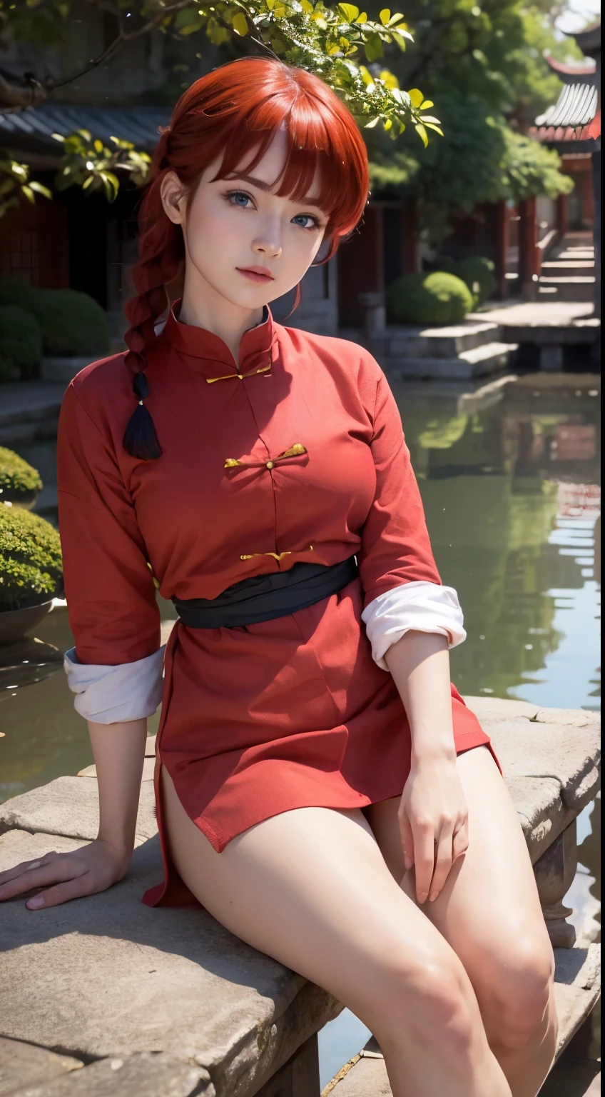 realistic,  detailed texture, (masterpiece,  Best quality :1.4), 1 , Ranma-chan, (1 ), Alone, blue eyes, ( red hair), fringe, tangzhuang,  ponytail braids , sleeves rolled up,  in a Chinese garden with sakura trees, a bridge and water , sorriso sexy, beautiful face,  highly detailed face,  Highly detailed eyes , detailed skin,  skin pores ), 16K HDR,  full body  ,showing feet
