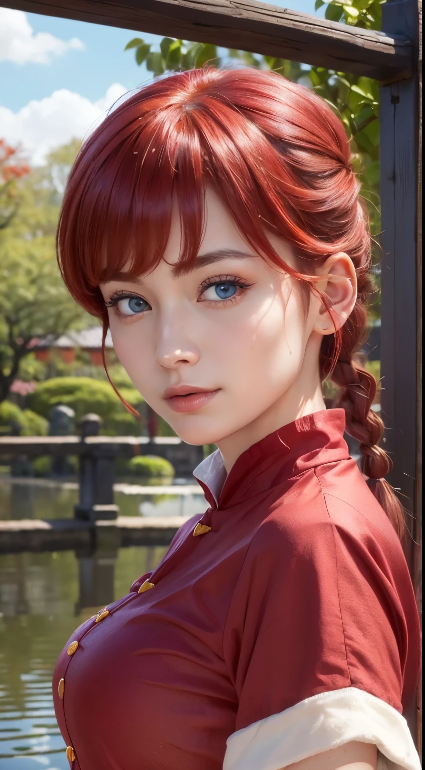 realistic,  detailed texture, (masterpiece,  Best quality :1.4), (close up:1.5), (eyes focus:1), 1 , Ranma-chan, (1 ), Alone, blue eyes, ( red hair), fringe, tangzhuang,  ponytail braids , sleeves rolled up,  in a Chinese garden with sakura trees, a bridge and water ,  sorriso sexy, beautiful face,  highly detailed face,  Highly detailed eyes , detailed skin,  skin pores ), 16K HDR,  full body  ,showing the feet
