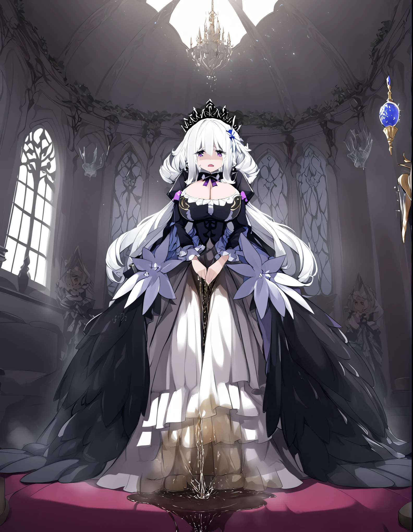 (1 person with huge breasts ,white hair, Purple Eyes, Queen wearing a gorgeous purple and black Rococo long-sleeved dress), delicate face and eyes ,whole body,standing posture,Emotionally sad ,cry,A lot of tears in the eyes , open mouth ,peeing,wetting self,desperation, holding crotch