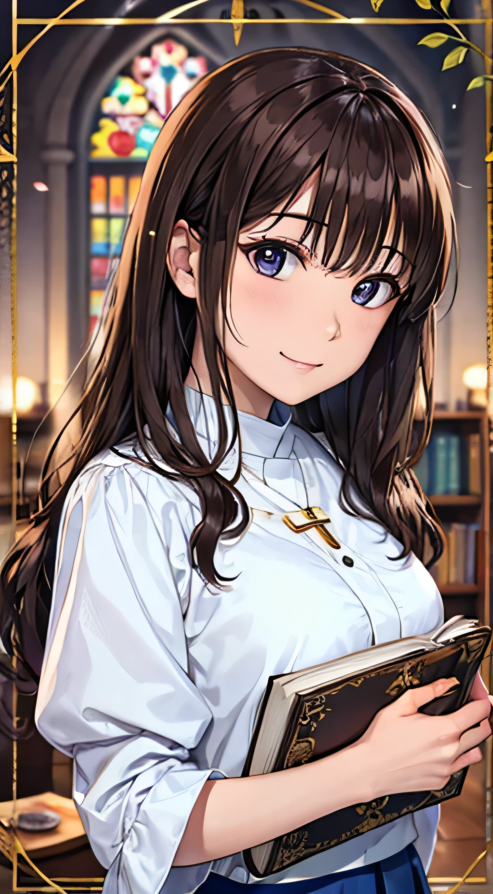 kotomine kirei, masterpiece, best quality, detailed, church, stained glass, light beams, indoors, light particles, kotomine kirei, spread arms, purple coat, black shirt, black pants, cross necklace, parted bangs, smile, 1girl, curvy