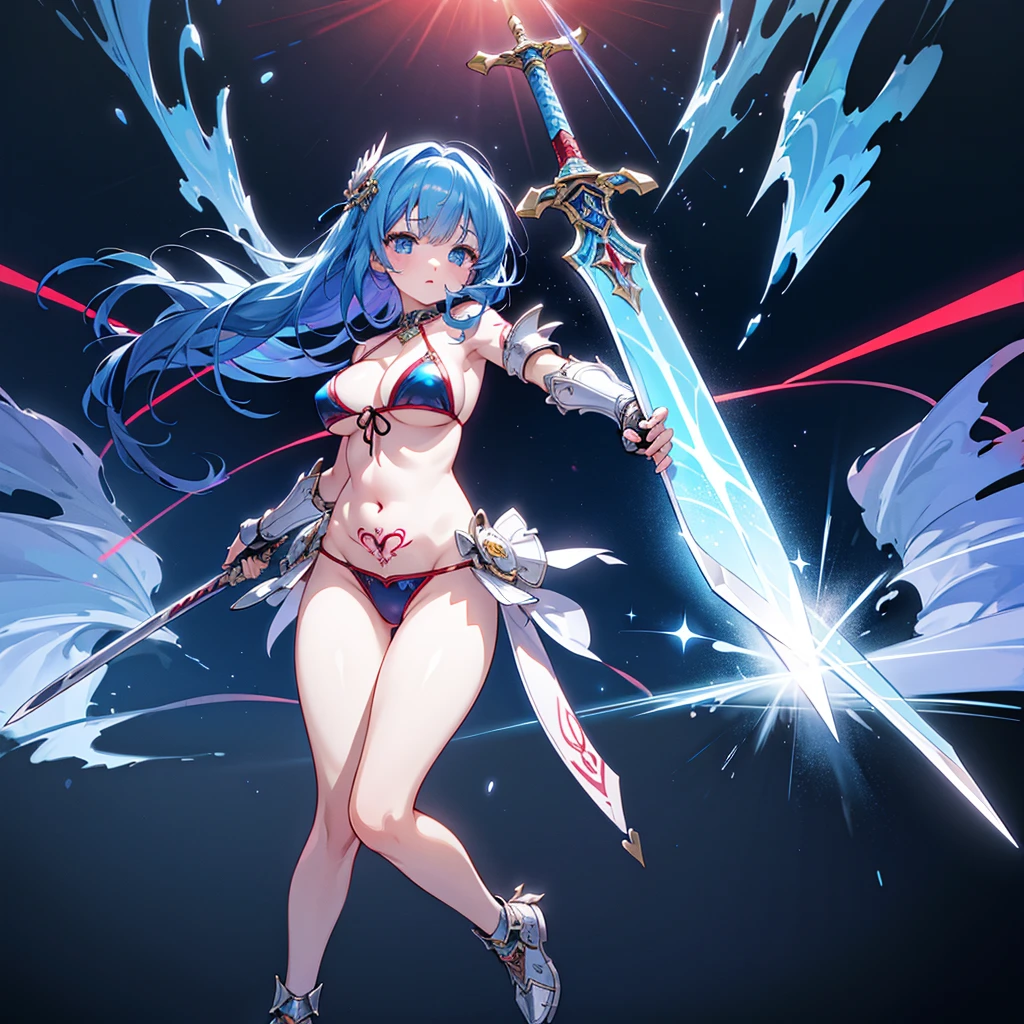  with blue and red two-tone hair、 holding a large sword of light in her hand ,  conceptual art inspired by Rossmanship ,  Plump、Busty、Bimbo、Lewd、Too much exposure、 Full Body Tattoos 、 Fantasy Art ,    Girl in High Leg Bikini Armor ,   Holding the Great Sword of Blue Light , Two-Way , Anime 8k ,  Detailed Anime Art work,  Detailed Anime Art 、Best Quality、Highest quality、 masterpiece、 high definition、8k、