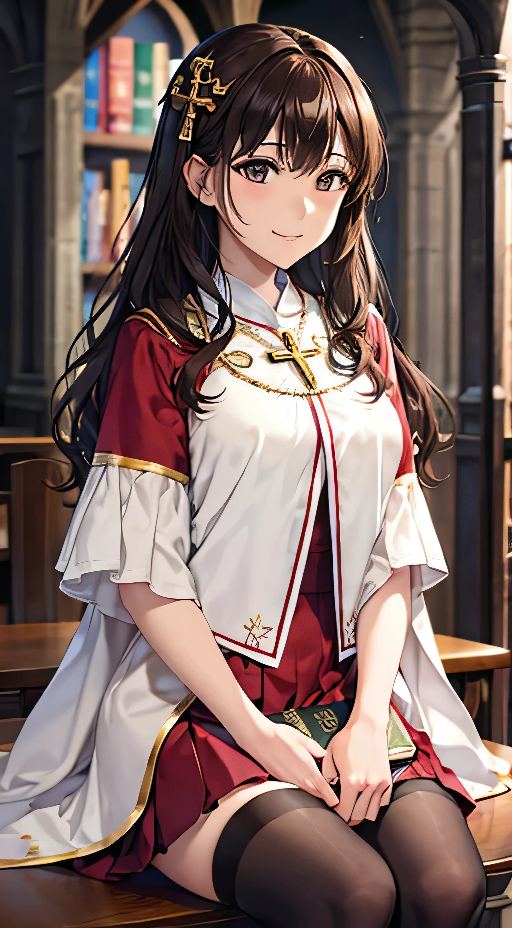 ((Tabletop, Highest quality, High resolution, , Pixel Perfect, 4K,))), 1 female, 、The whole body is visible、 ((Long Wavy Hair, bangs, Brown Hair)), ((Brown eyes, Beautiful eyelashes, Realistic eyes)), ((Detailed face, Blushing:1.2)), ((Smooth texture:0.75, Realistic texture:0.65, Realistic:1.1, Anime CG Style)), Medium sized breasts, Dynamic Angle, Perfect body, (( , , Beautiful Priest、、 Priest off-shoulder jacket、Pleat Long Flare Skirt、、)), Gold Hair Ornament、Cross Necklace、、Very embarrassing panic smile, 、Gorgeous church basilica、、、、Hold a big Bible、Sit on the sofa、、、Lace panties are visible、Bring your arms together、、、、 、Angle from below)、