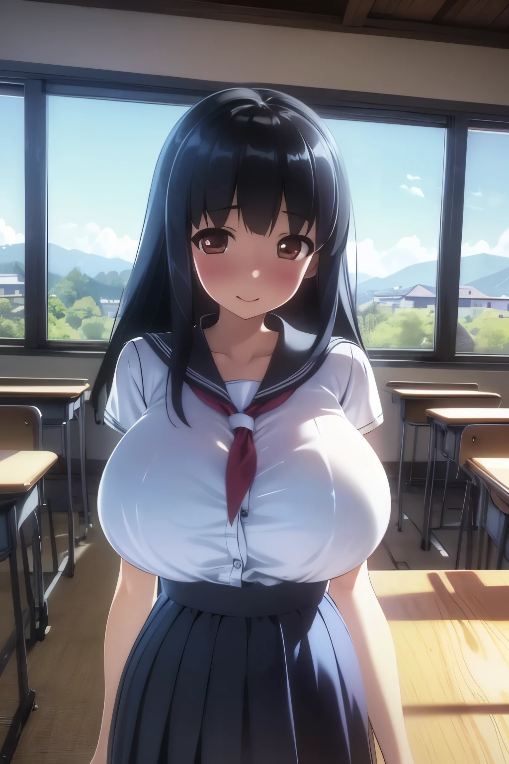 (超 high definition,4K, very detailed, 8k,  high definition,  high definition,  absurd:1.2), Japanese Girls, high school girl,  Long Black Hair,Short bangs,  beautiful character design , perfect face,BEAUTIFUL DETAIL EYE DETAILS ,affectionate eyes, Brown Eyes ,smile,( school uniform:1.6),( big breasts at the temple:1.2),(Deep Valley:1.2),In a classroom with no one in the middle of nature,Daytime