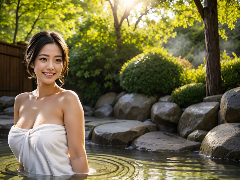 (8k, RAW photo, photorealistic, HQ, masterpiece), solo, a cute Japanese woman, (glowing eyes), 
(light smile), ponytail, (Soaking in a large outdoor bath), (Wrap a bath towel around body ), ( Get in the hot water until breasts are covered), medium breasts, 
(outdoor very large bath in the woods, Lots of steam, open air Onsen, rotenburo ), Depth of field rally background, backlighting, 