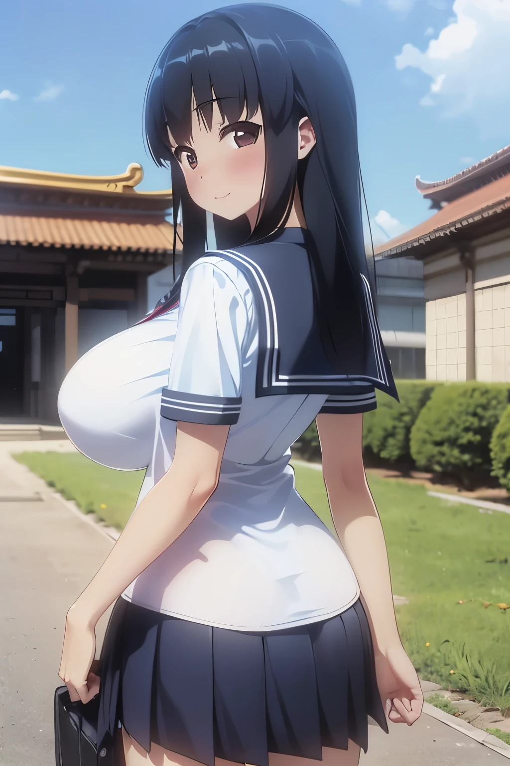 (超 high definition,4K, very detailed, 8k,  high definition,  high definition,  absurd:1.2), Japanese Girls, high school girl,  Long Black Hair,Short bangs,  beautiful character design , perfect face, beautiful eye detail in an empty classroom,affectionate eyes, Brown Eyes ,smile,( school uniform:1.6),( big breasts at the temple:1.2),(Deep Valley:1.2),In the middle of nature with no one around,Daytime