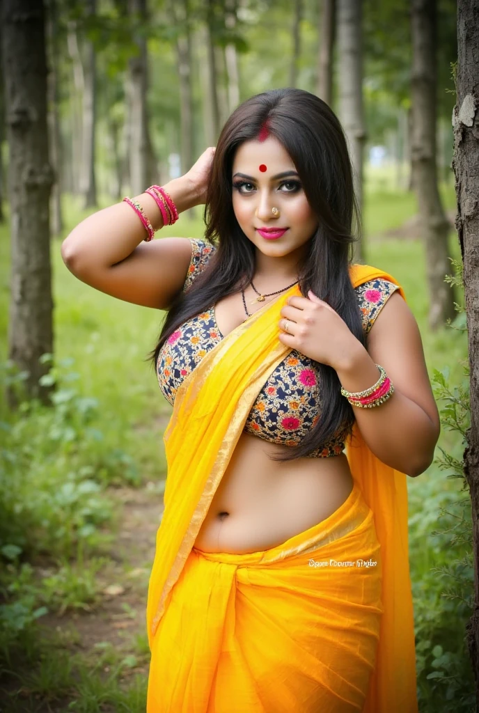 This photograph features a woman posing outdoors in a lush, green forest setting. She is a South Asian woman with a medium-dark skin tone, likely of Indian or Pakistani descent, given her attire and accessories. She has long, wavy hair cascading down her shoulders, styled with a side parting. Her makeup is bold, with heavy eyeliner and a striking red lipstick, complemented by a bindi on her forehead, which is typical of traditional Indian attire.

She is dressed in a traditional Gujarati saree, known for its vibrant colors and intricate patterns. The saree is a bright shade of yellow with bold, colorful motifs and a contrasting border featuring detailed embroidery, draped elegantly around her curvy figure. The pallu of the saree is gracefully arranged over her shoulder, displaying beautiful designs that reflect the rich cultural heritage of Gujarat. She pairs the saree with a fitted zebra-pattern blouse that enhances her voluptuous silhouette, showcasing her ample curves and medium-sized breasts. The blouse's striking pattern adds a modern flair to her traditional look. She accessorizes with a gold necklace, traditional Gujarati nath (nose ring), multiple bangles on her wrists, and a beaded waist chain, adding a touch of elegance to her ensemble.

Her pose is confident and bold, with one hand resting on her hip, accentuating her wide hips, and the other playfully behind her head, drawing attention to her curvy figure. The background features lush green foliage, with tree trunks and leaves in focus, suggesting a serene, natural environment. The lighting is natural, likely daylight, casting soft shadows and highlighting her features.