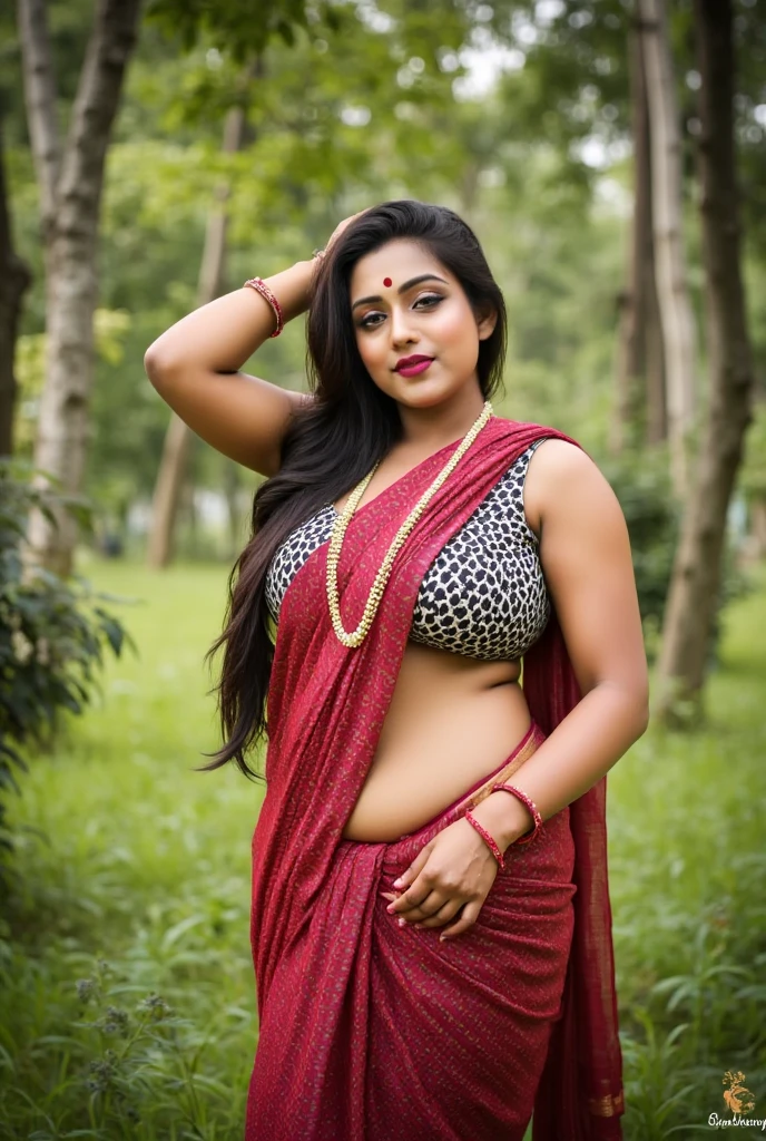 This photograph features a woman posing outdoors in a lush, green forest setting. She is a South Asian woman with a medium-dark skin tone, likely of Indian or Pakistani descent, given her attire and accessories. She has long, wavy hair cascading down her shoulders, styled with a side parting. Her makeup is bold, with heavy eyeliner and a striking red lipstick, complemented by a bindi on her forehead, typical of traditional Indian attire.

She is dressed in a traditional Tamil Kandaangi saree, known for its distinctive checkered patterns and vibrant colors. The saree is a rich shade of red with intricate black and gold checks, draped gracefully around her curvy figure. The pallu is elegantly arranged over her shoulder, showcasing beautiful woven designs that reflect the heritage of Tamil Nadu. She pairs the saree with a fitted zebra-pattern blouse that enhances her voluptuous silhouette, highlighting her wide hips and medium-sized breasts. The contrast of the blouse adds a contemporary touch to her traditional look. She accessorizes with a gold necklace, traditional Tamil nath (nose ring), multiple bangles on her wrists, and a beaded waist chain, adding an air of elegance to her appearance.

Her pose is confident and bold, with one hand resting on her hip, accentuating her wide hips, and the other playfully behind her head, drawing attention to her curvy figure. The background features lush green foliage, with tree trunks and leaves in focus, suggesting a serene, natural environment. The lighting is natural, likely daylight, casting soft shadows and highlighting her features.