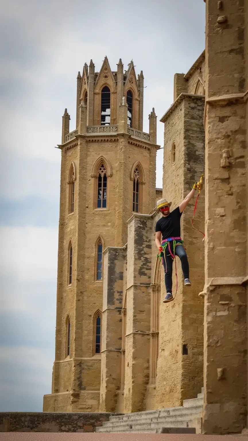 Create a realistic, cinematic image of a man scaling the towering structure of the Seu Vella Cathedral. The perspective is wide enough to capture the entire majestic tower, showcasing its intricate gothic details and weathered stone texture, while still close enough to see the climber’s focused expression and determined posture as he ascends. The scene is dramatic, set against a moody sky, with light subtly highlighting the architectural features of the cathedral and casting shadows that enhance the tower's grandeur. The man’s climbing gear is visible but understated, adding to the intensity and realism of the moment as he navigates this iconic historical structure.