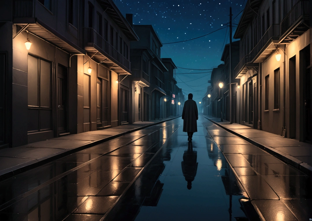 Here's an image reflecting the feeling of being alone: a solitary figure walks down an empty, dimly lit street at night, surrounded by muted colors and a somber atmosphere. Let me know if you'd like any adjustments to capture more details.

Under sky write TERE BIN AB JEENA NHI 