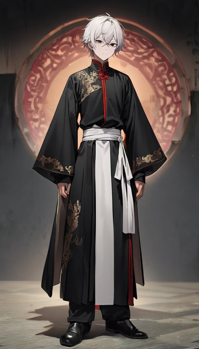 1 person, boy, , Handsome,  Stunning Face ,  slim figure, Young man,  crossed bangs ,  white hair , Black eye, I'm looking down,  from head to toe , ((whole body)), Model pose, The right ratio(7.5), standing,  Chinese martial arts movie costume, Escort, A wary expression,  dark atmosphere 