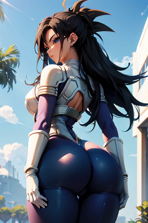 Back view, focus on her ass, saiyan woman, black hair, small breasts, perfect ass, buttcheeks blue slacks, white gloves, white armor, blue eyes, anime art style 