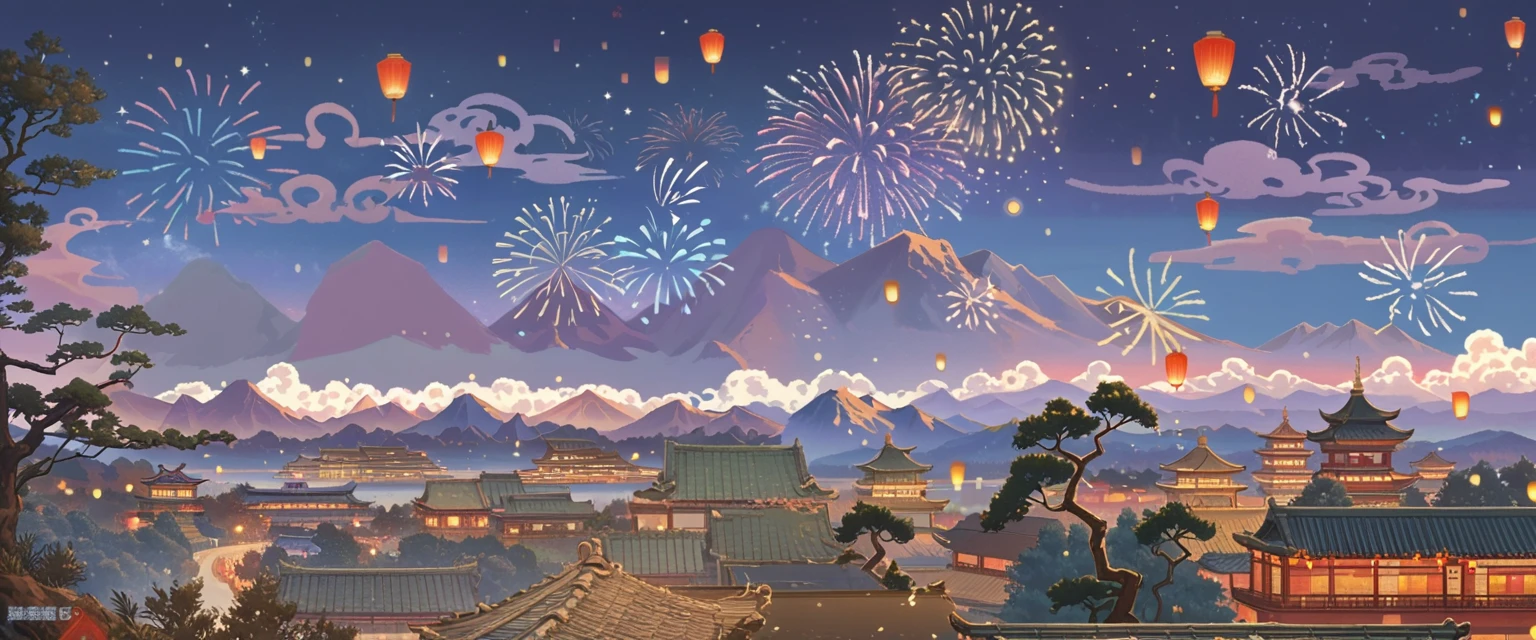 Chinese style， red background ，Depth of Field，Vision，Scene Graph，far away，Vision，Auspicious Clouds，Cirrus ，Original painting style，Distant Mountains， holiday atmosphere，Spring Festival，far away的灯笼和孔明灯，night，Dark，Season ，Sense of atmosphere，Ink，fireworks，The Great Tang Dynasty， no one，bustling，, I only see the roof ，street，ground，far away的小孔明灯，joy，Mountains and Rivers，red environment，Warm light，The mountain is very short，No birds ，Fireworks，Cheerful