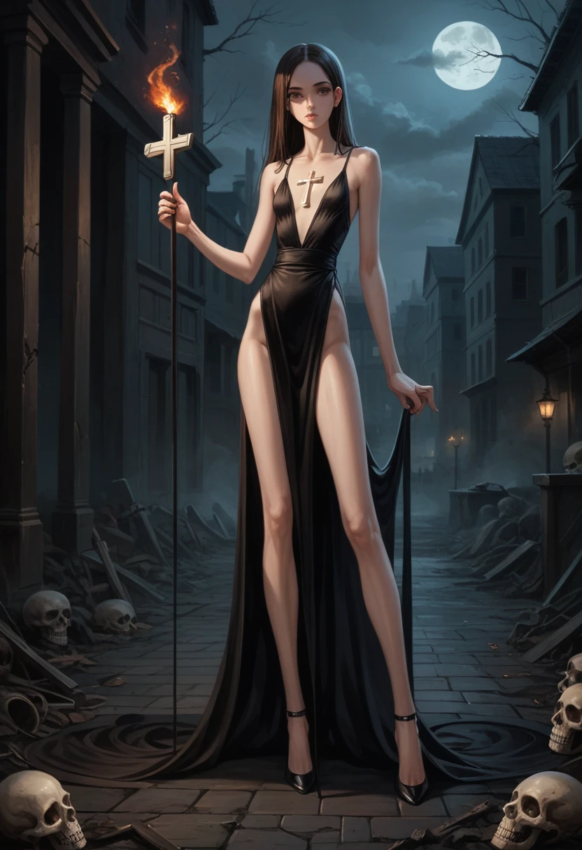  great quality ,  Maximum realism , ultra graphics, young woman (((( with black straight hair long to the waist)))), with brown eyes,  slim build, (((thin body, thin thighs,  long legs, skinny legs))),  in a black detailed silk dress with long straps, ((( holds a cross ))), (((in the other hand, a skull )), Night, dark,  on 19th century square , (((замок 19 века в огне горит smoke))) smoke, There is fire everywhere, everything is burning,  the path is covered with black charred bones and skulls 