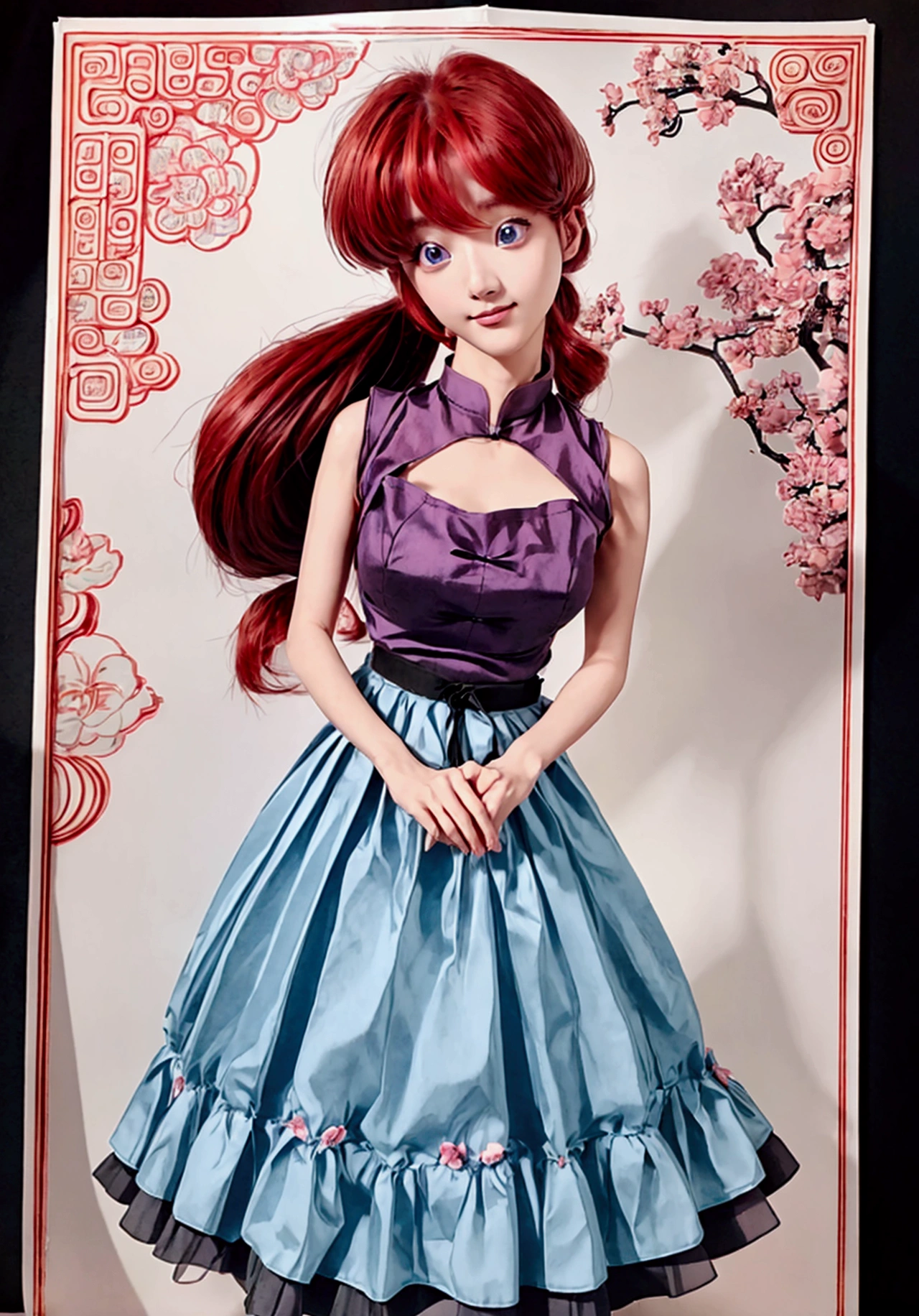 Create Female Ranma, Clear outline, Full body color photo, ( Beautiful and delicate eyes), ( pretty face:1.3), Wakaki's Smiling Face , long red hair， Bangs,  blue-gray eyes ,  big eyes， Chubby  ，(Chinese Hansel :horse face long skirt),top:  Fit Purple Chiffon High Waist Loose Elegant Nine Split Pleated Long Skirt(actual:1.2),(Floral),   (actual上下身衣服是:3.7. Scale)。