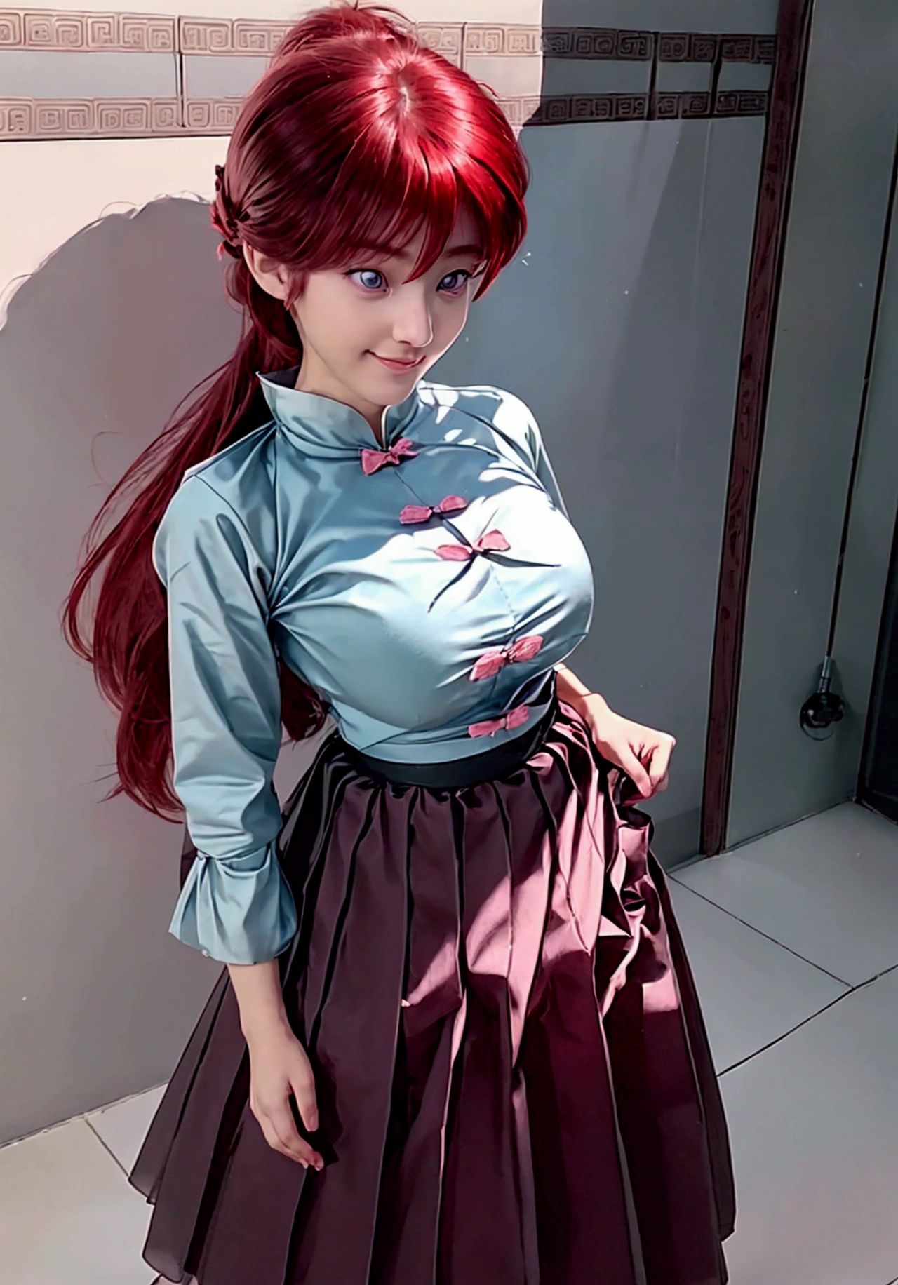 Create Female Ranma, Clear outline, Full body color photo, ( Beautiful and delicate eyes), ( pretty face:1.3), Wakaki's Smiling Face , long red hair， Bangs,  blue-gray eyes ,  big eyes， Chubby  ，(Chinese Hansel :horse face long skirt),top:  Fit Purple Chiffon High Waist Loose Elegant Nine Split Pleated Long Skirt(actual:1.2),(Floral),   (actual上下身衣服是:3.7. Scale)。