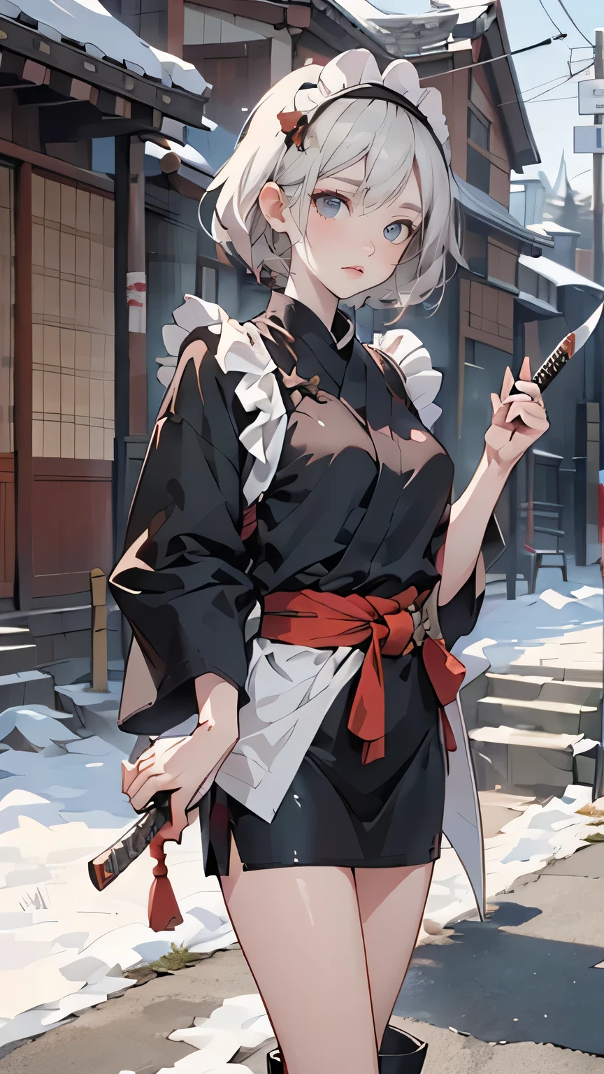 woman in winter landscape holding katana, anime style, inspired by Kano Hogai, holding short knife, knife from zero video game character, japanese knife, unsheathing her knife, maid, katana, stunning 8k anime, inspired by black ninja