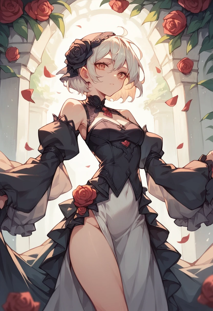 portrait, solo, 1girl, looking to the side, smile, blush, medium breasts, white hair, braided bangs, grey Bouffant_dress - This is a full length gown with lots of ruffles., god rays, Paeonia \(flower\), floral background <lora:Mankai_Kaika_style_v15:1>