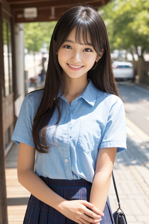      High Quality Masterpiece     , 8k,        Japanese Girls,       RAW photo,  Winner portrait smile face, 笑face, Alone, uniform, Summer Clothes Idol&#39;face, violet, Gardenia,         delicate girl,                            Long Black Hair      , Dark Eyes, Upper body digital SLR, Frank, Sophisticated,  Thin arms,   Perfect for professional writing        ,    chromatic ablation   , (Details of the eye and face: 1.0), (Bokeh button:1.1)