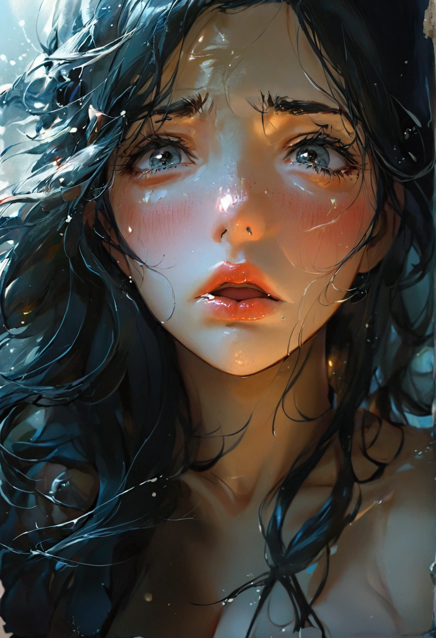 (masterpiece, best quality), 1girl, Turquoise Comb-Over Fade with Hard Part, big breasts,   <lora:marisad_concept:0.8> tears, crying, blush, parody, 1girl, open mouth, d:, black eyes, sad, upper body, solo
