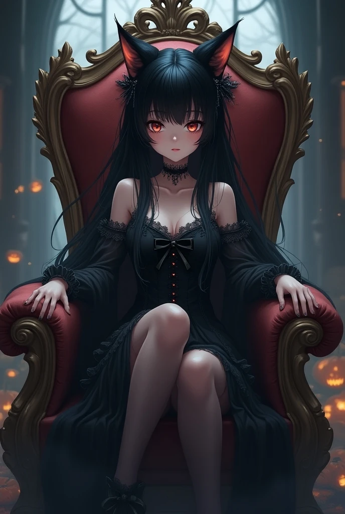anime style image , 20 year old vampire woman, long straight black hair, red eyes, dressed in a dressed in a black dress with lace, sitting on a sofa hugging her legs