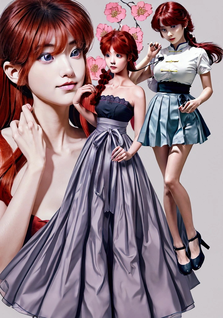 Create Female Ranma, Clear outline, Full body color photo, ( Beautiful and delicate eyes), ( pretty face:1.3), Wakaki's Smiling Face , long red hair， Bangs,  blue-gray eyes ,  big eyes， Chubby  ，(Chinese Hansel :horse face long skirt),top:  Fit Purple Chiffon High Waist Loose Elegant Nine Split Pleated Long Skirt(actual:1.2),(Floral),   (actual上下身衣服是:3.7. Scale)。