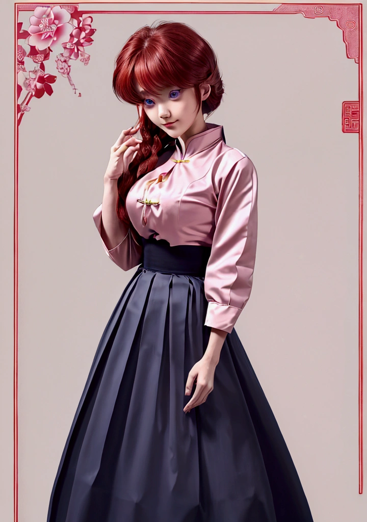 Create Female Ranma, Clear outline, Full body color photo, ( Beautiful and delicate eyes), ( pretty face:1.3), Wakaki's Smiling Face , long red hair， Bangs,  blue-gray eyes ,  big eyes， Chubby  ，(Chinese Hansel :horse face long skirt),top:  Fit Purple Chiffon High Waist Loose Elegant Nine Split Pleated Long Skirt(actual:1.2),(Floral),   (actual上下身衣服是:3.7. Scale)。