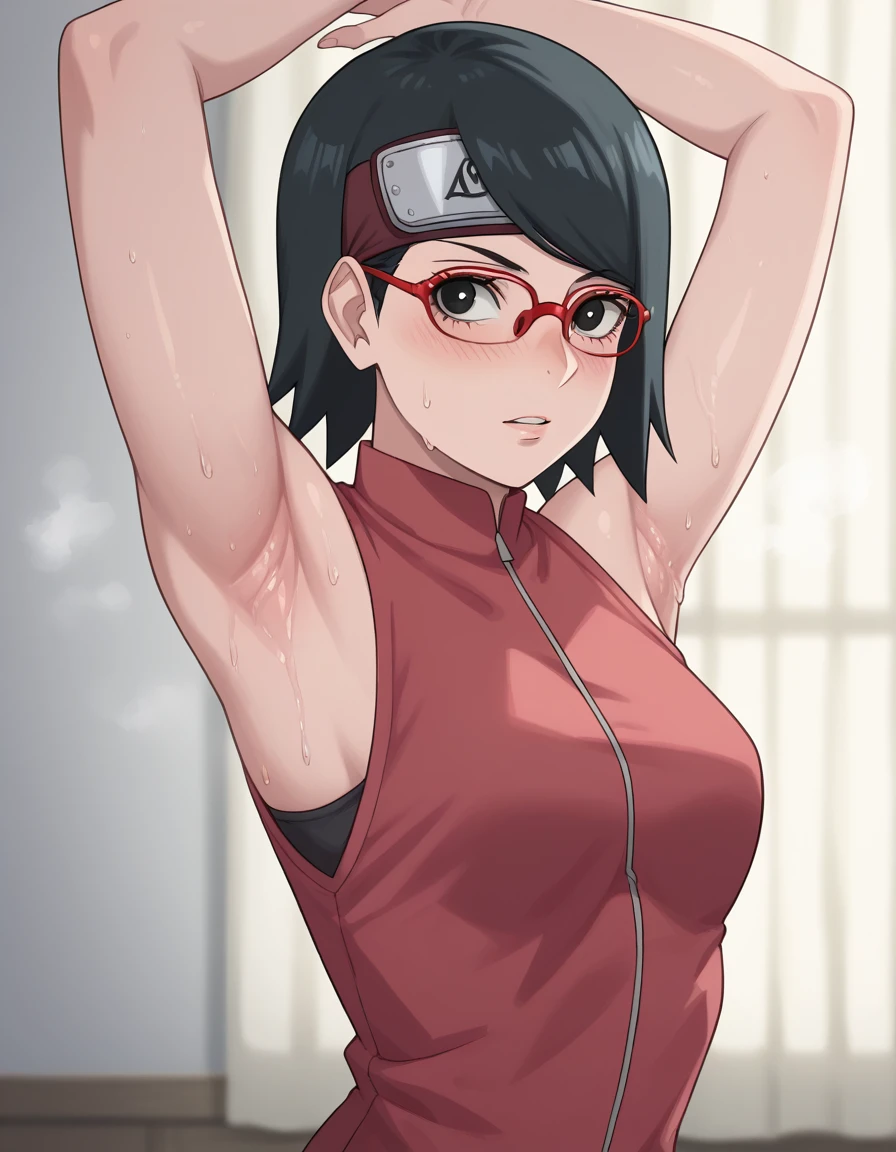 sarada uchiha, short hair, black hair, black eyes, red-framed eyewear, glasses, swept bangs,,(Armpit，Armpit，Armpit sweat，脇の皺:1.3),room， bedroom，(steam，steamimg:1.1)， red dress